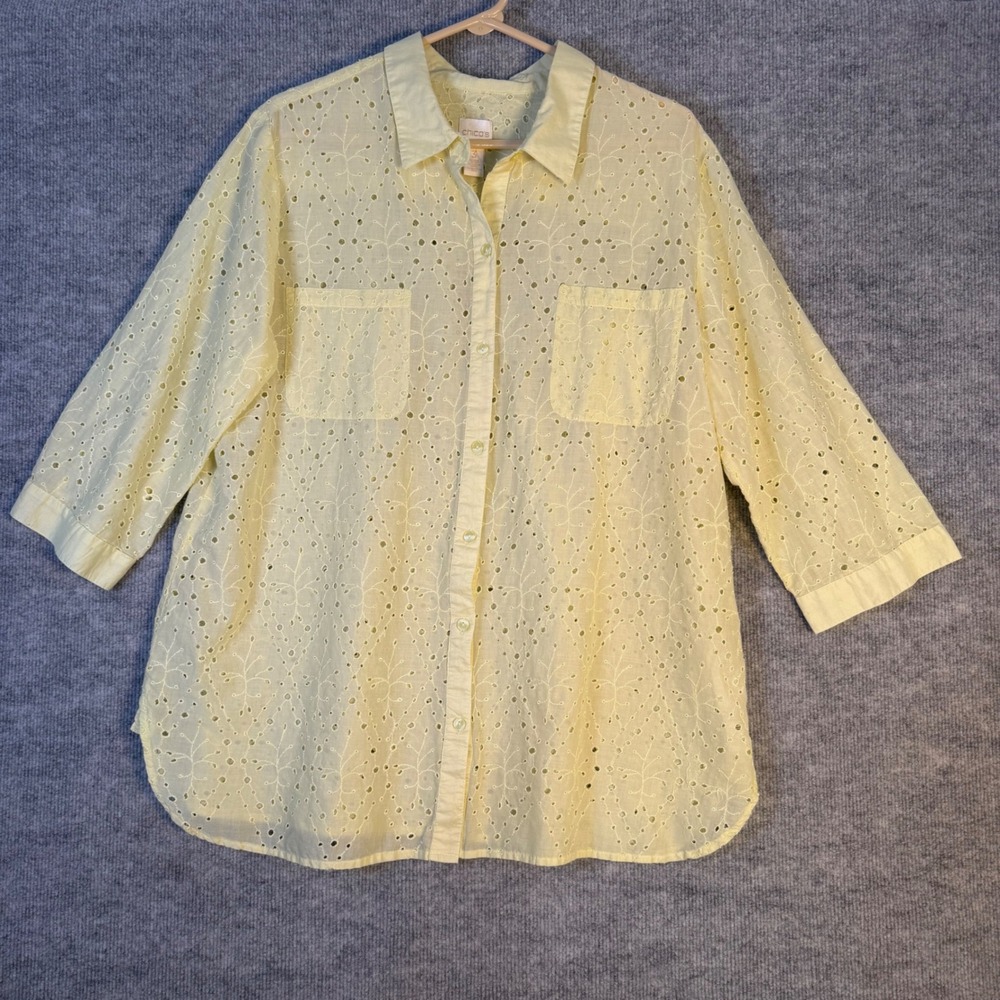 Chicos Size-3-XL Yellow Eyelet Cotton Button Down Blouse 3/4 Sleeve
